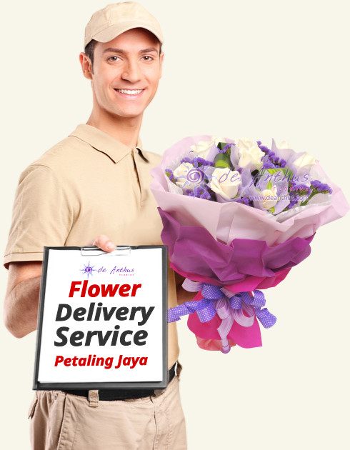 PJ flower delivery man holding a white rose bouquet