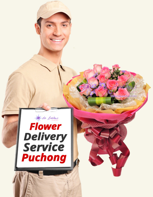 Flower Delivery Man holding a pink rose bouquet