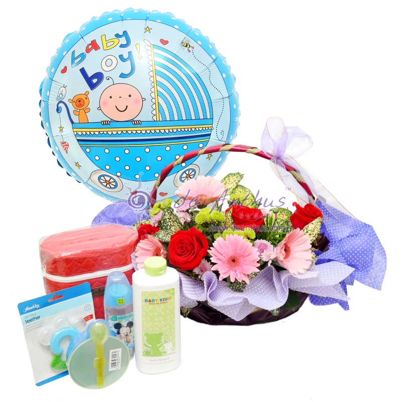 Newborn Gift Basket with Foil Balloon-Boy-NBG-03