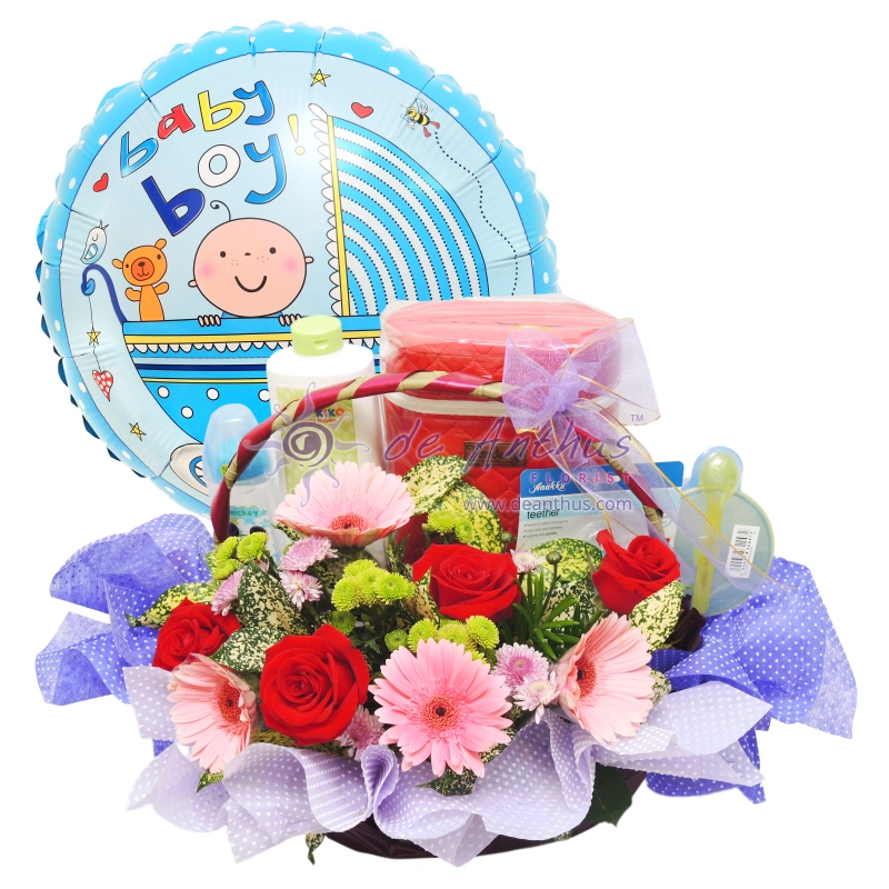 Newborn Gift Basket with Foil Balloon-Boy-NBG-03