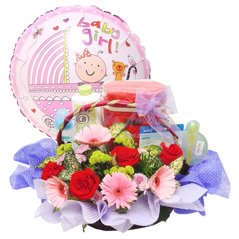 Newborn Gift Basket with Foil Balloon-Girl-NBG-03