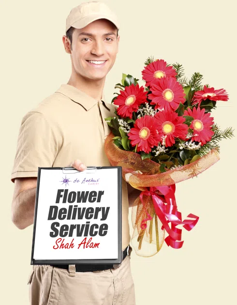 Flower delivery service Shah Alam A flower delivery man holding a flower bouquet and a paper clipboard with a written sentence "Flower Delivery Service Shah Alam"