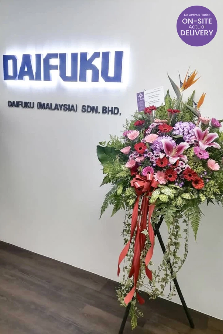 Grand Opening Flower GOF-52 displayed at the entrance of Daifuku (Malaysia) Sdn Bhd, UOA Business Park, Shah Alam.
